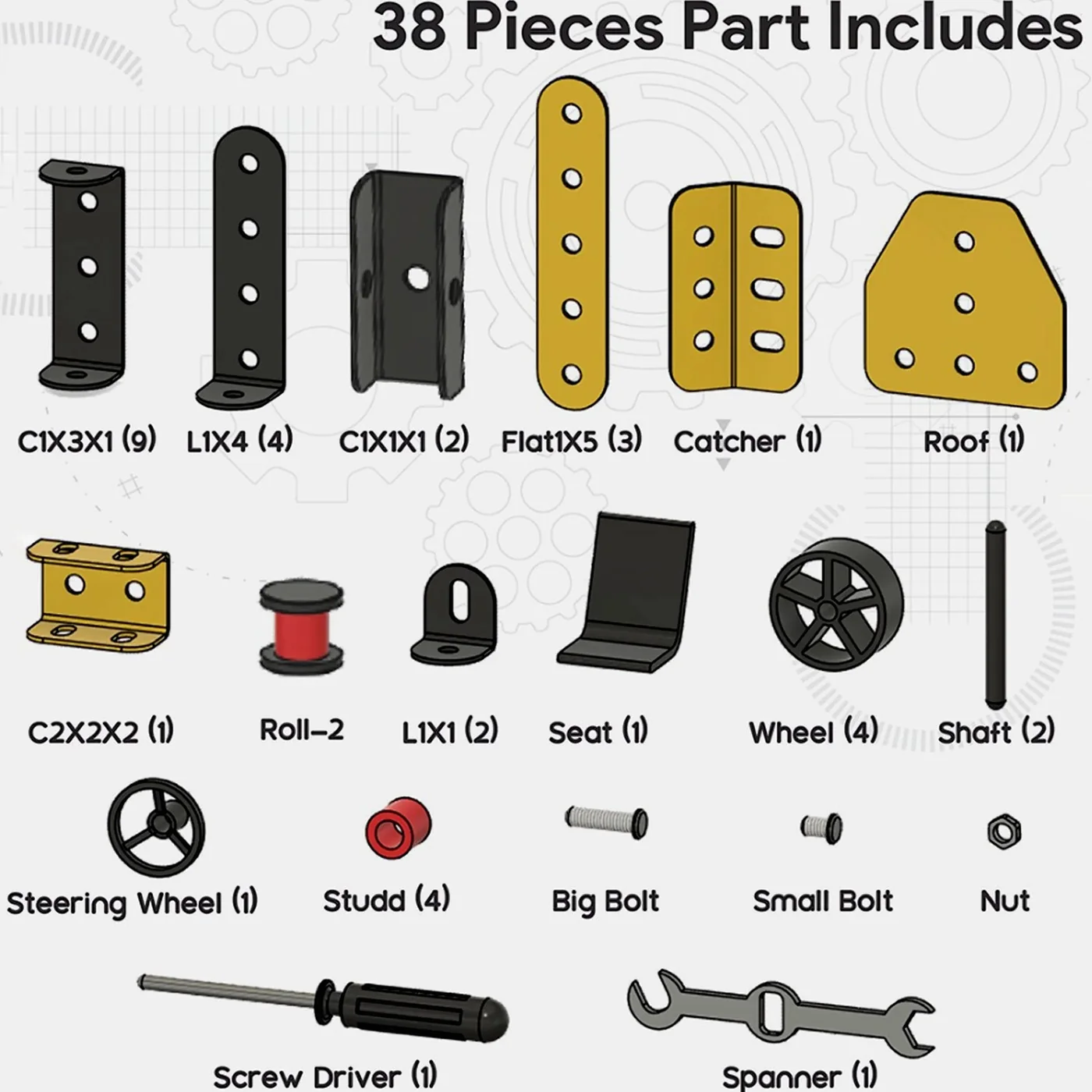 All 38 Mecha Racer parts, with screwdriver and spanner