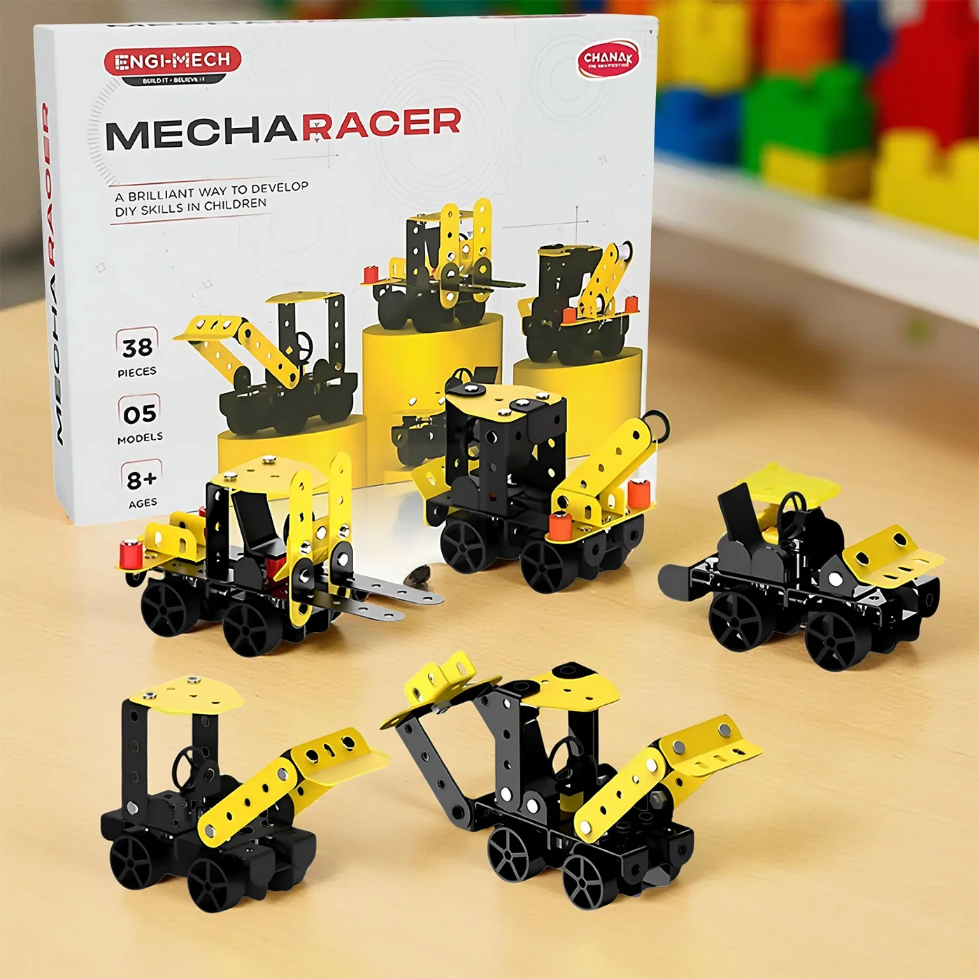 Mecha Racer box with the five buildable models built and displayed