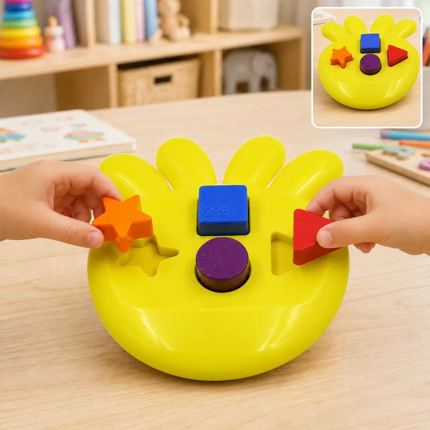 Child's hands placing shapes into the Octo Shape Sorter