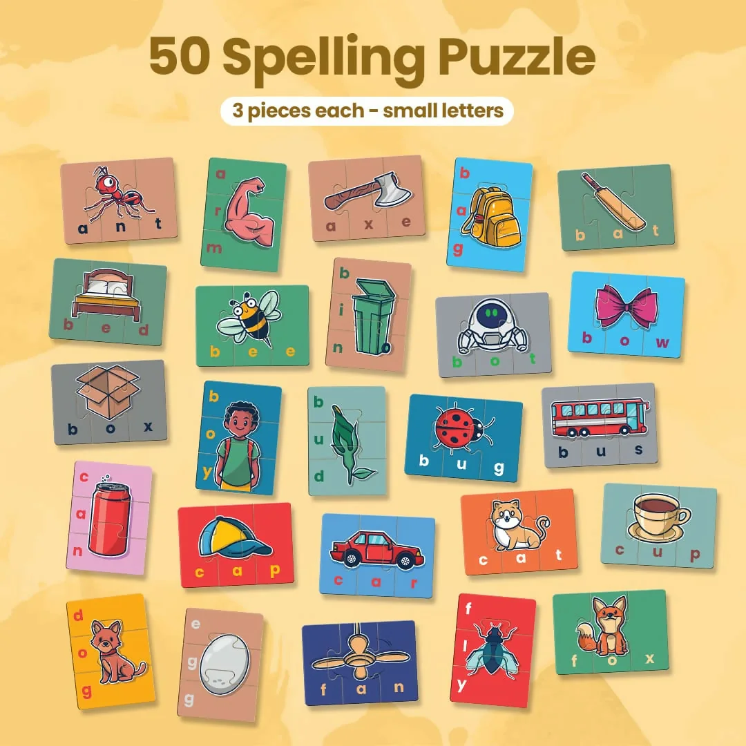 Spelling puzzle pieces showing picture and letter tiles