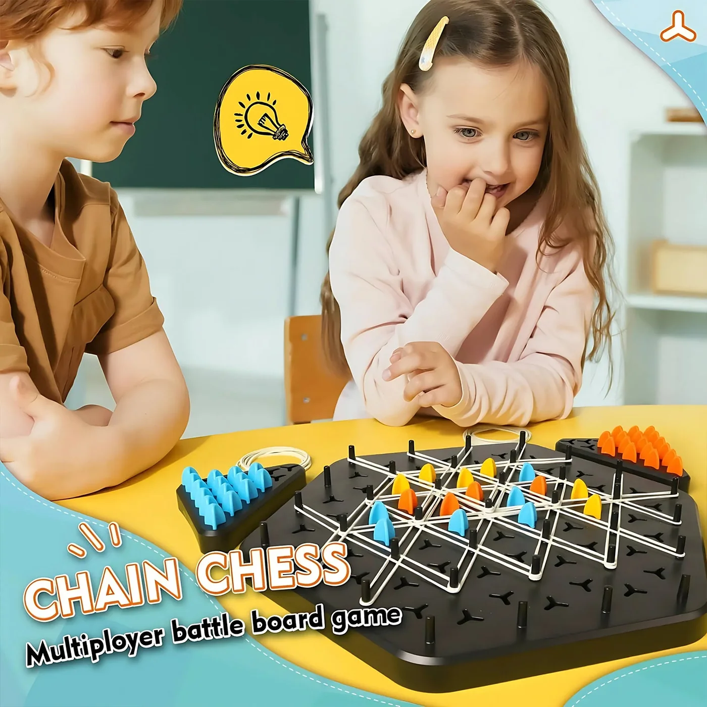 Two children playing the triangle board game together