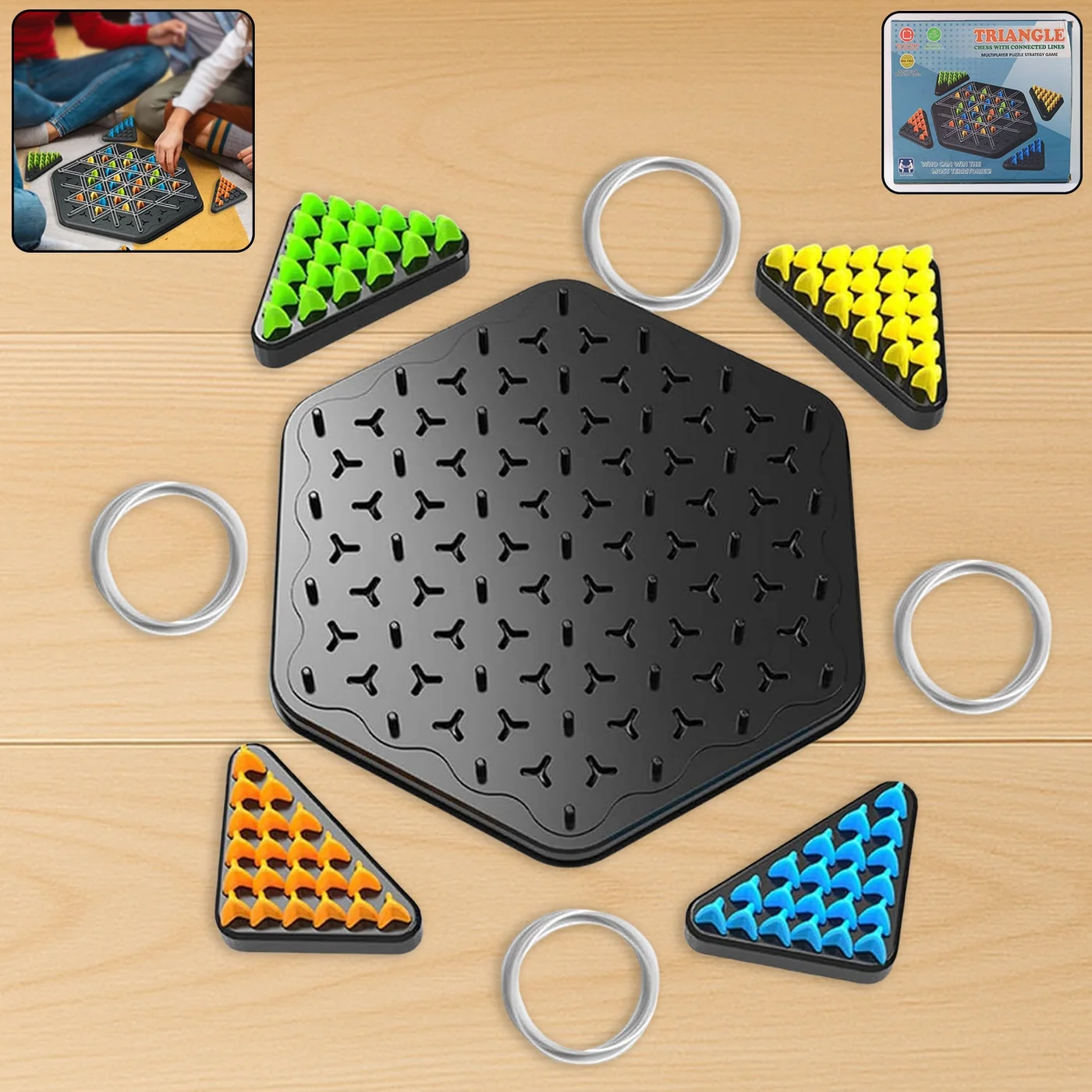 Triangle Logic Match Game board with coloured triangle pieces and bands