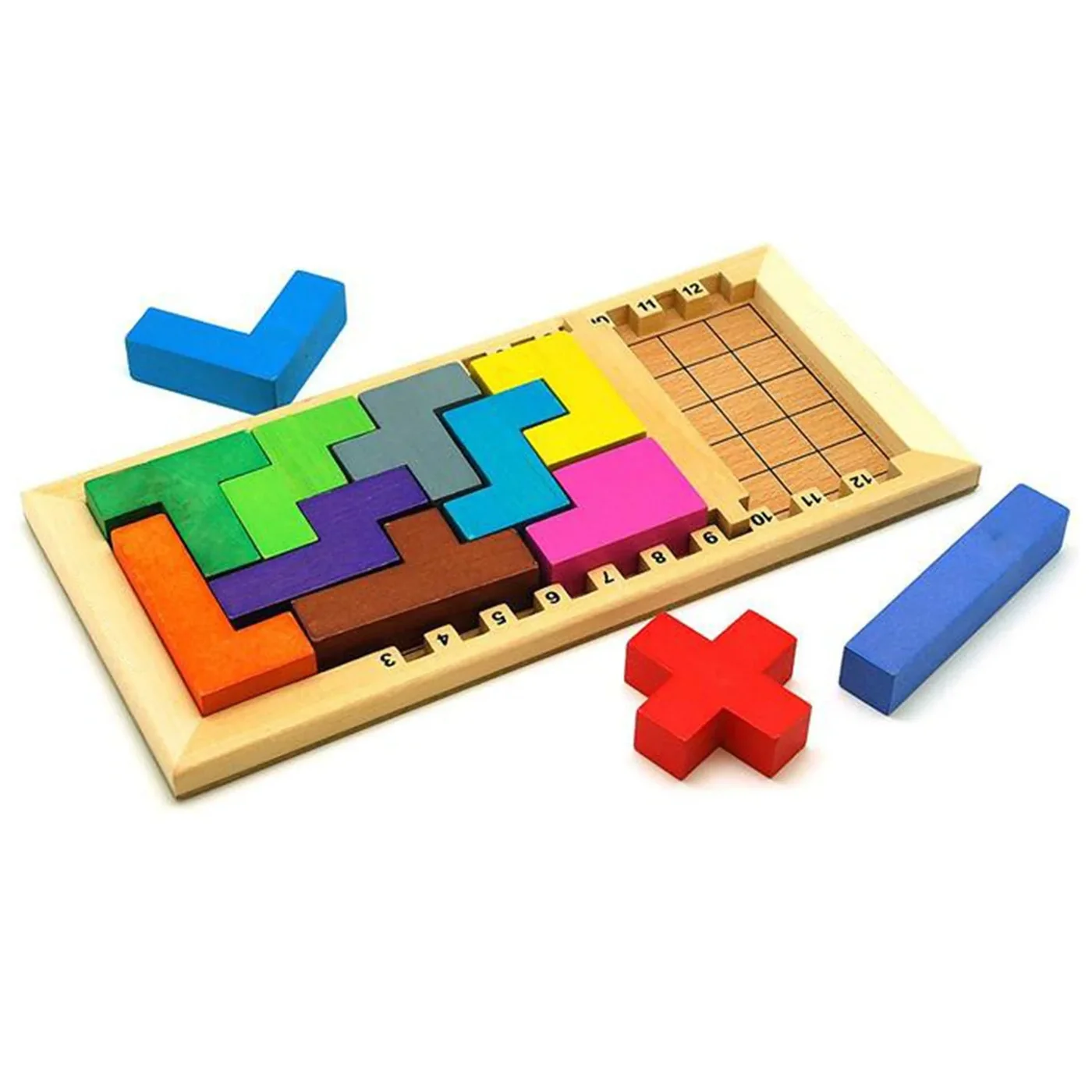Wooden Mind Game tray with the blocks placed inside